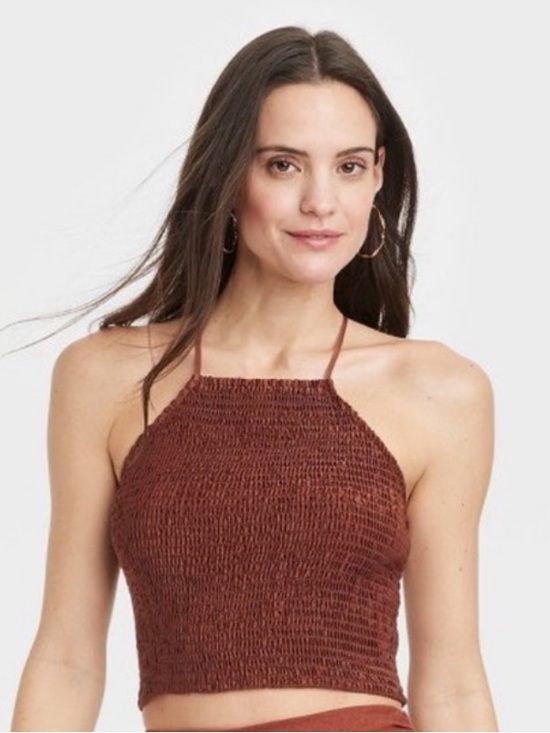 a new day Tops - a new day Rust Brown Smocked Halter Crop Top